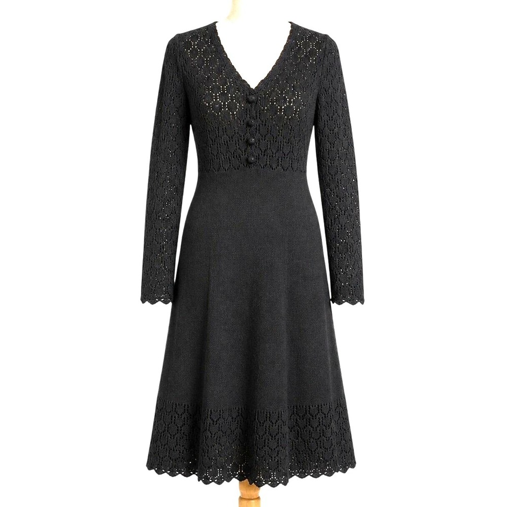 Vintage 60s/70s Black Pointelle Knit Dress Fit & Flare Midi Long Sleeve Romantic